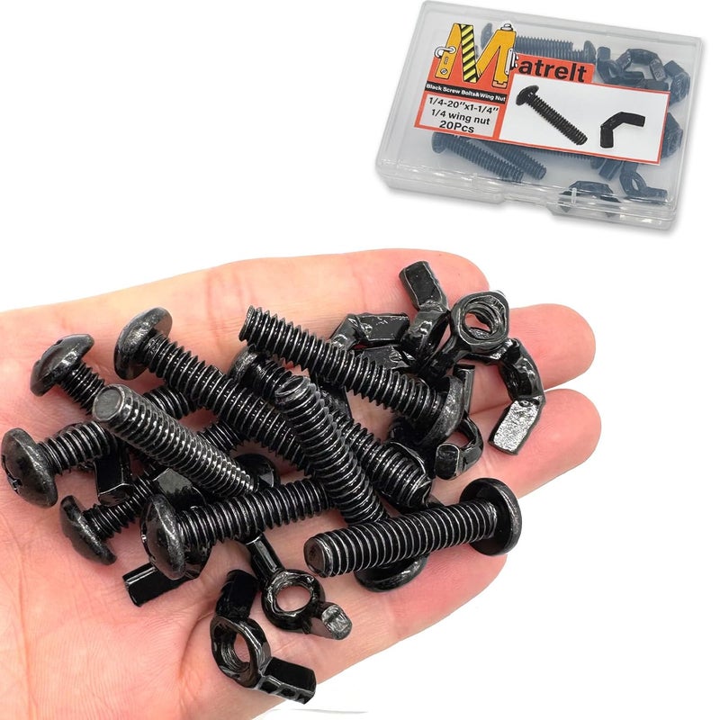 Matrelt 20 Pack Black 1/4"-20 x1-1/4 Screw Bolts and Wing Nut Kit 10pcs Machine Screws with Round Head Phillips 10pcs Butterfly Hand Twist Tighten Nut Zinc Plated Hardware Fitting Fastenings Assortment Kit - Image 1